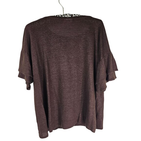 J. Jill Love Linen Brown Ruffle Sleeve Top L Boatneck Coastal Breathable Linen - Picture 2 of 8